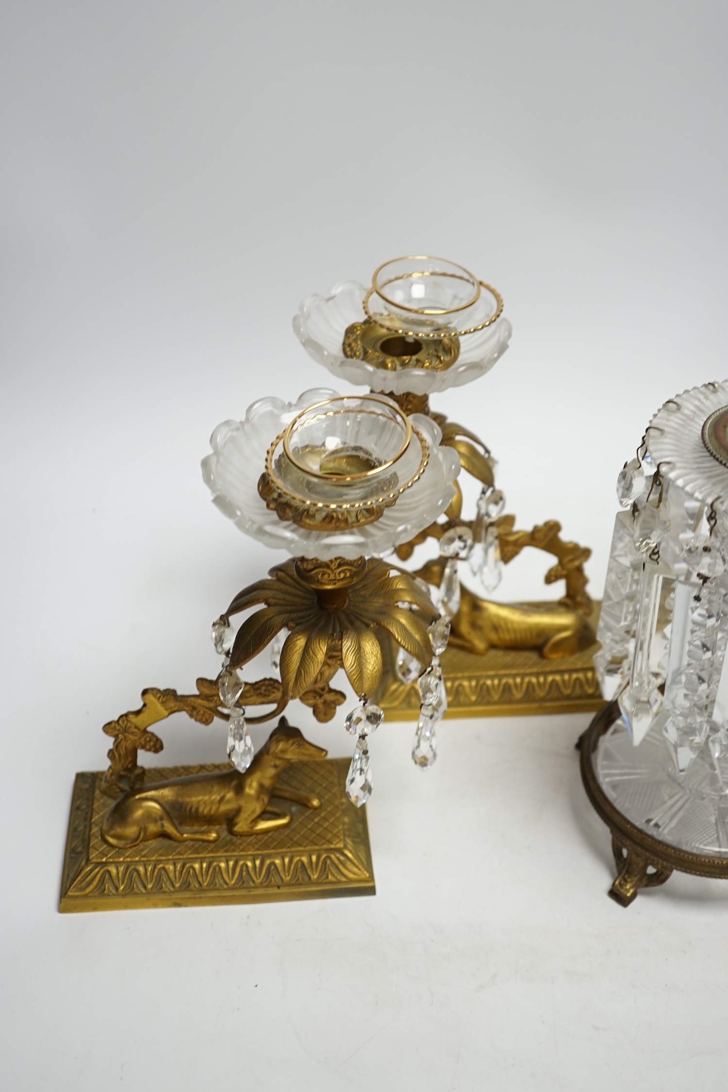 Two pairs of glass lustres, one with bronze greyhounds on rectangular bases, tallest 21cm